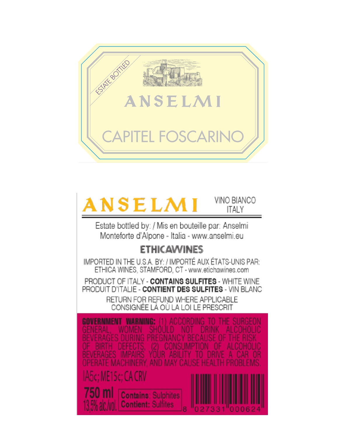 TABC label artwork for Anselmi "Capitel Foscarino" Vino Bianco Italy