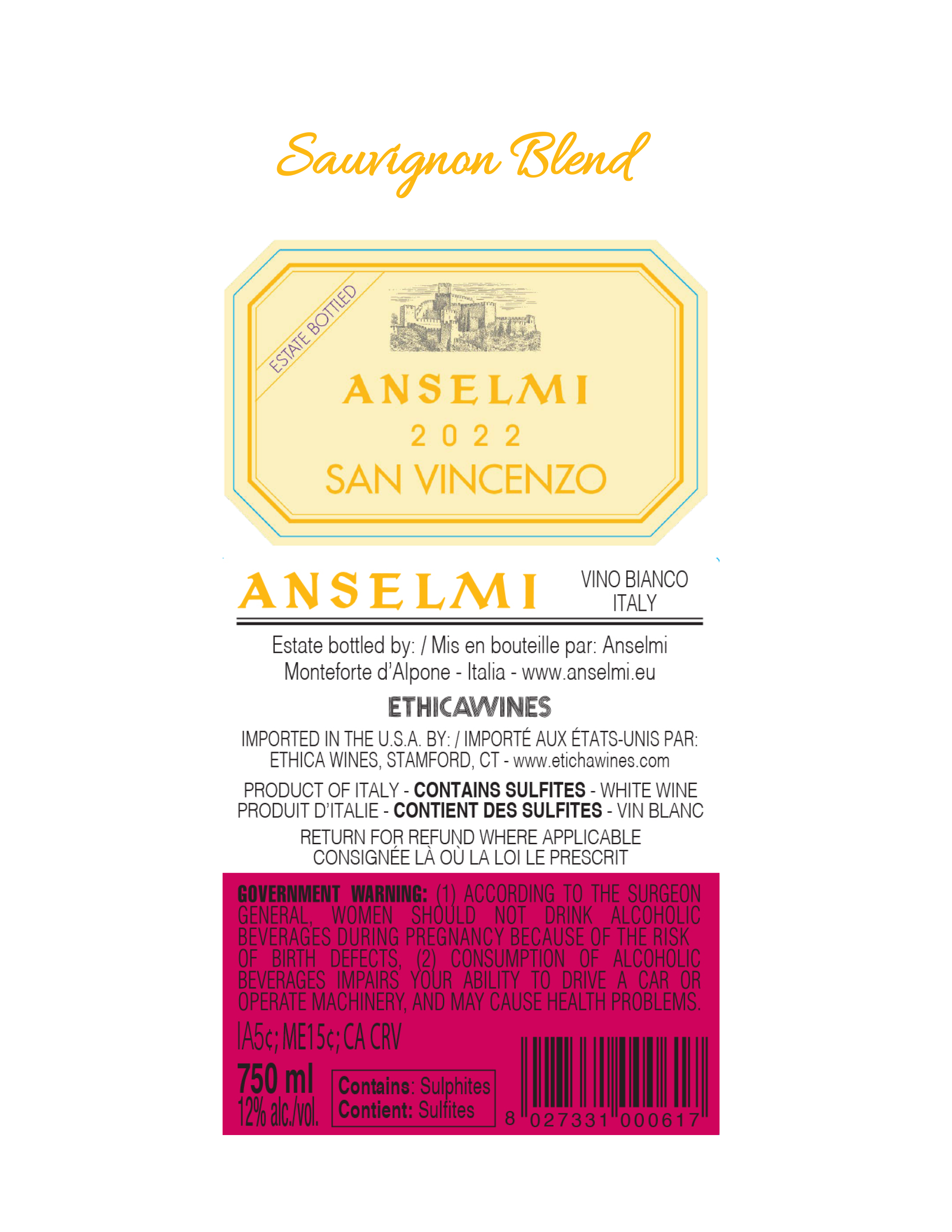 TABC label artwork for Anselmi "San Vincenzo" Vino Bianco Italy
