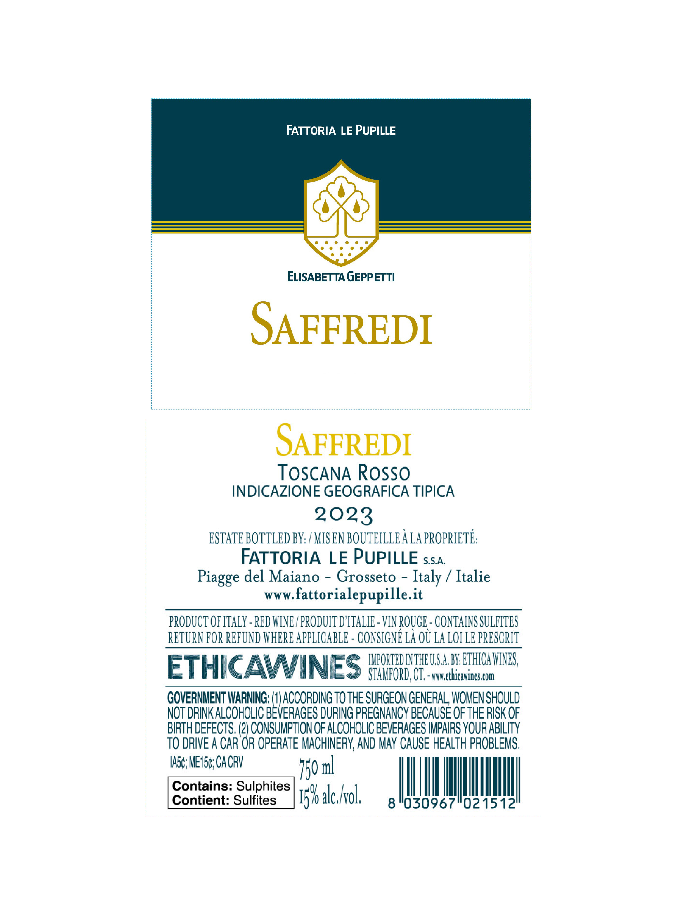 TABC label artwork for Fattoria Le Pupille "Saffredi" IGT Toscana Rosso