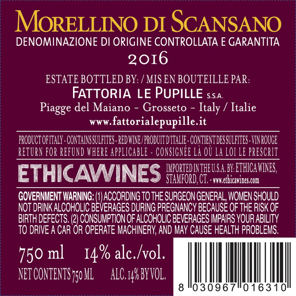TABC label artwork for Fattoria Le Pupille Morellino di Scansano DOCG