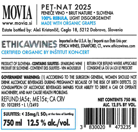 TABC label artwork for Movia "Pet Nat" Rebula Slovenia