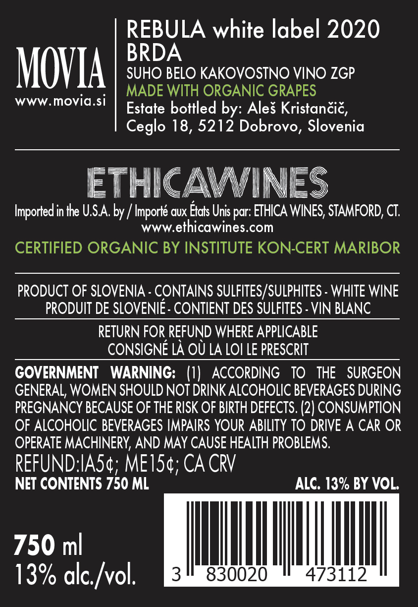 TABC label artwork for Movia Rebula Brda Suho Belo Kakovstno Vino ZGP