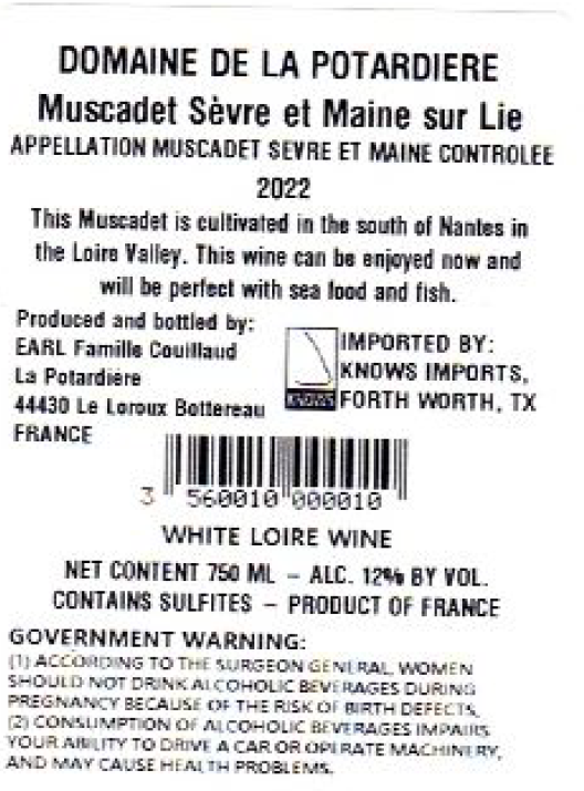 TABC label artwork for Domaine de la Potardiere Muscadet