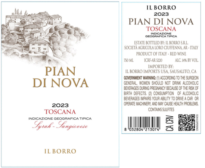 TABC label artwork for Il Borro Pian di Nova Syrah Sangiovese Toscana