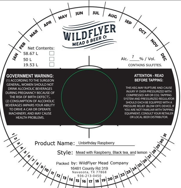 TABC label artwork for WildFlyer Mead & Beer Co. Unbirthday Raspberry