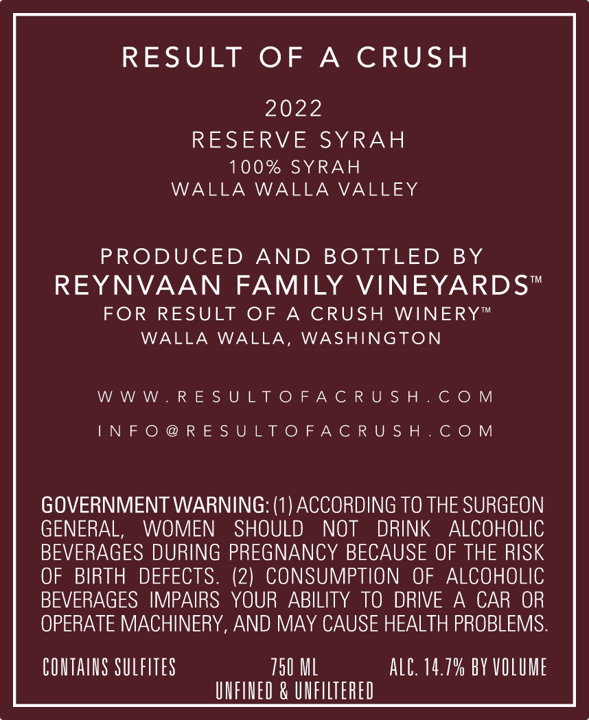 TABC label artwork for Result of a Crush Syrah