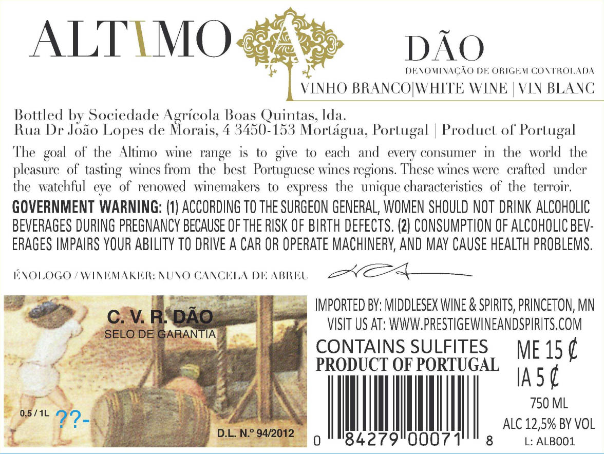 TABC label artwork for Altimo Dao White Blend