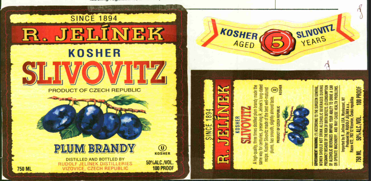 TABC label artwork for R. JELINEK Slivovitz 5 YR