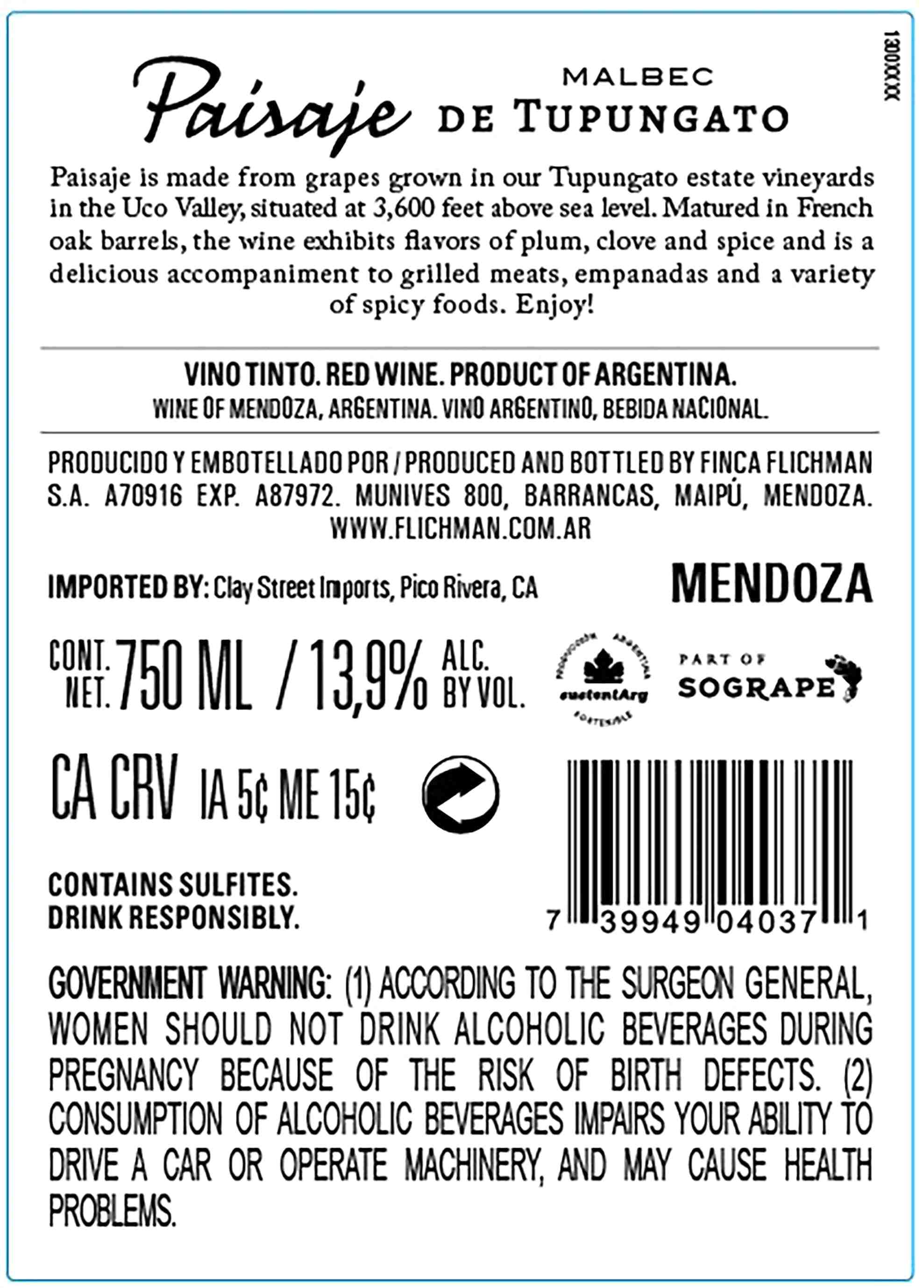 TABC label artwork for PAISAJE DE TUPUNGATO MALBEC