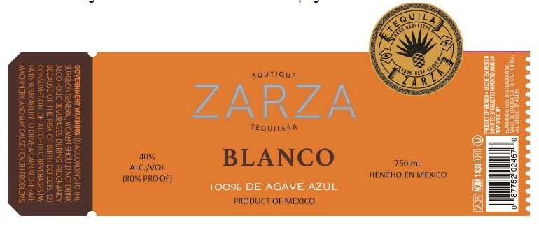 TABC label artwork for Zarza Tequila Blanco