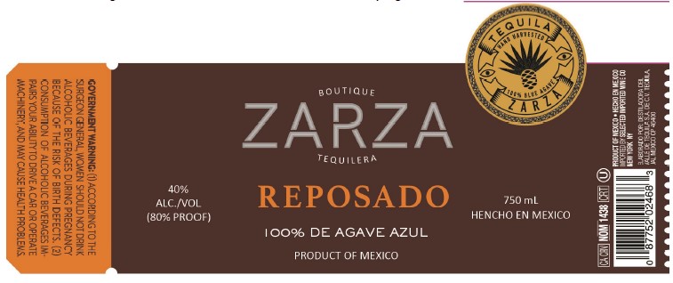 TABC label artwork for Zarza Tequila Reposado