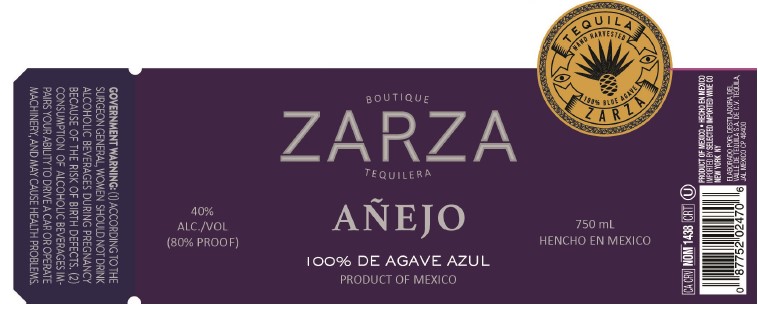 TABC label artwork for Zarza Tequila Anejo