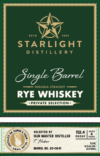 TABC label artwork for Starlight Distillery Single Barrel Rye Whiskey Private Selection