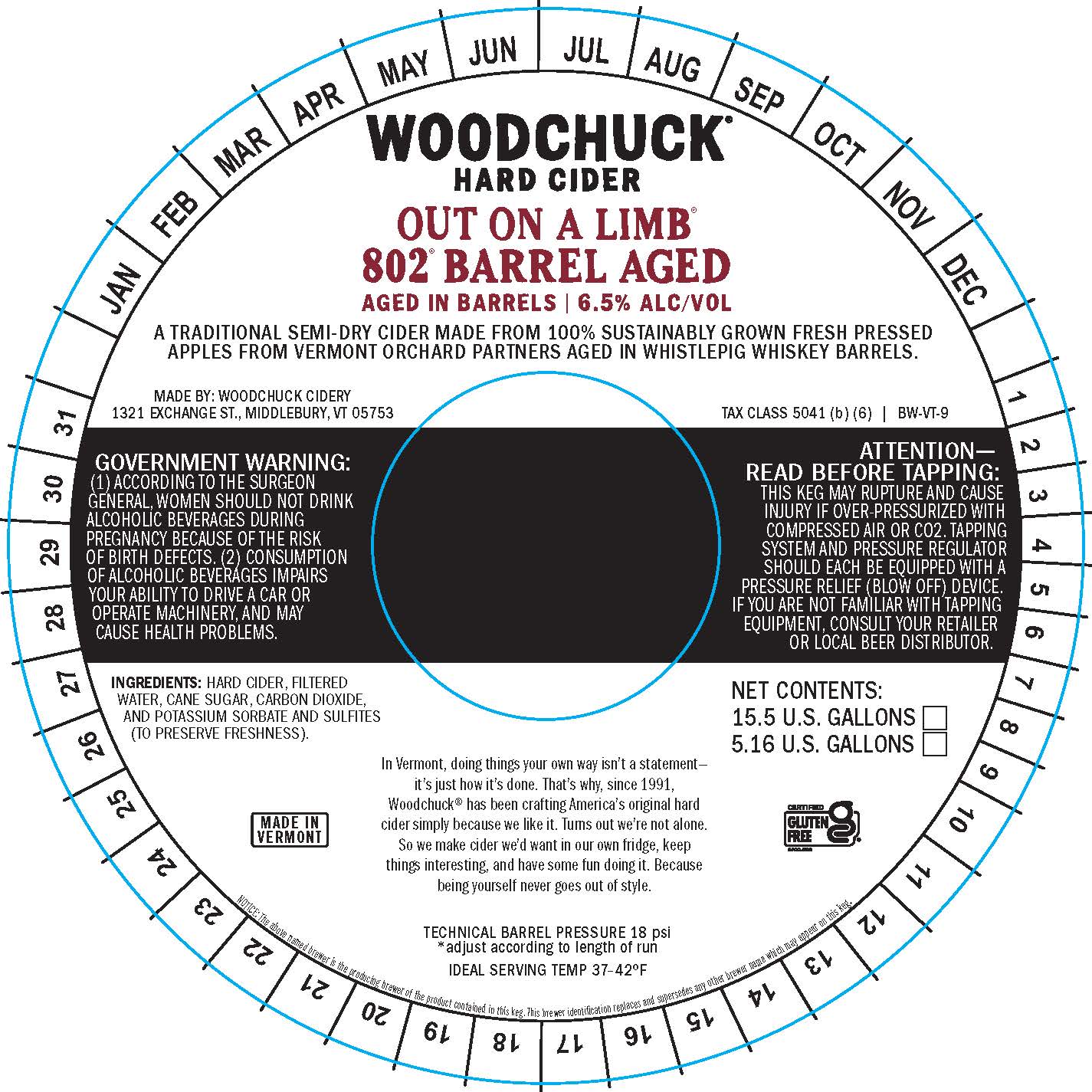 TABC label artwork for WOODCHUCK OUT ON A LIMB 802 BARREL AGED 6.5% ABV