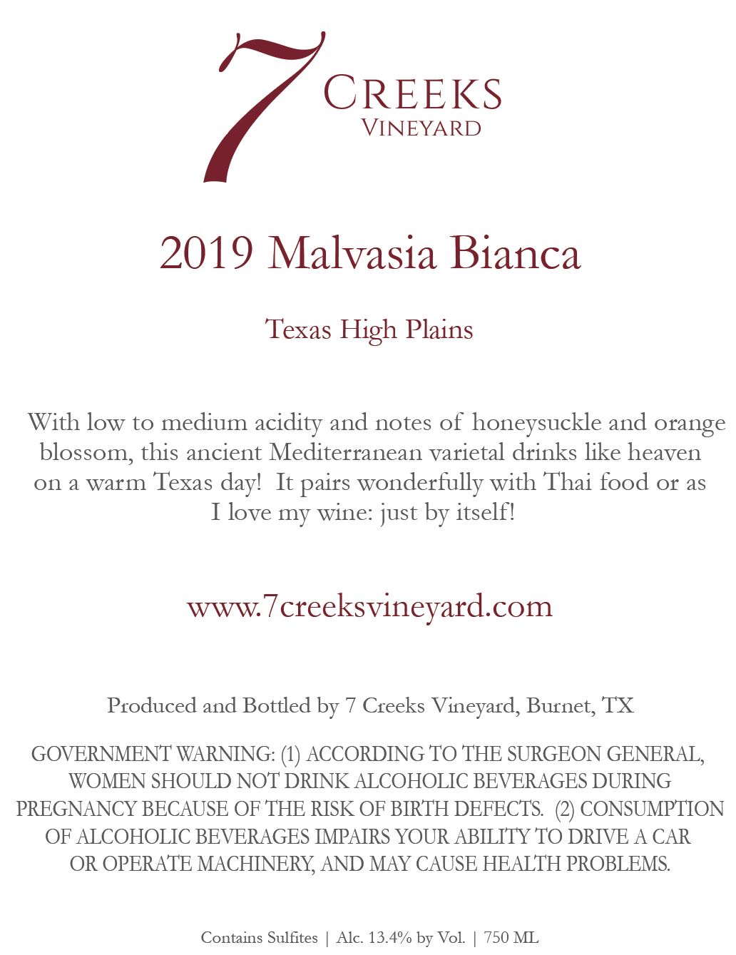 TABC label artwork for 7 CREEKS VINEYARD MALVASIA BIANCA