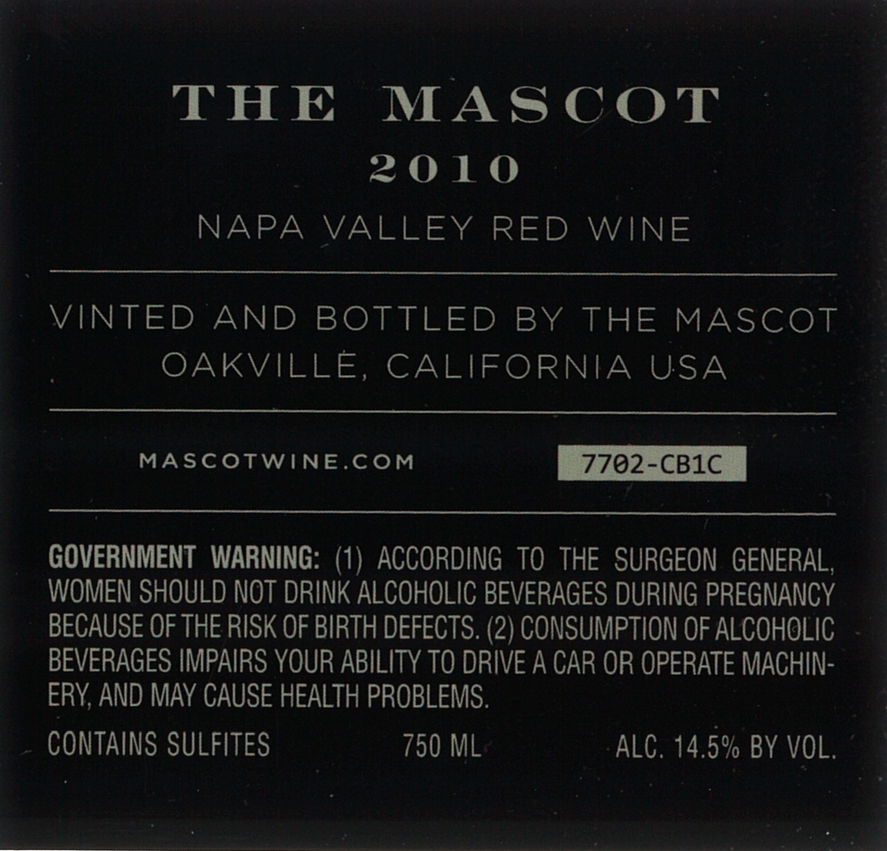 TABC label artwork for The Mascot Red Wine, Napa Valley
