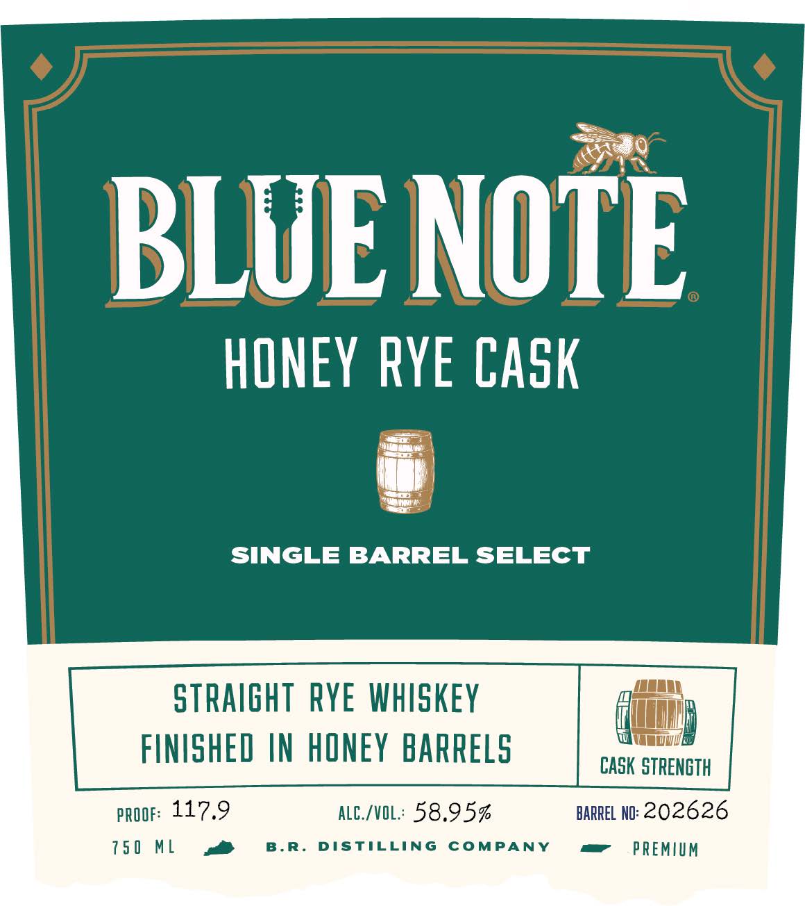 TABC label artwork for Blue Note Honey Rye Single Barrel Select