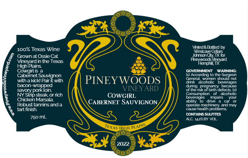 TABC label artwork for PINEYWOODS VINEYARD COWGIRL CABERNET SAUGVIGNON