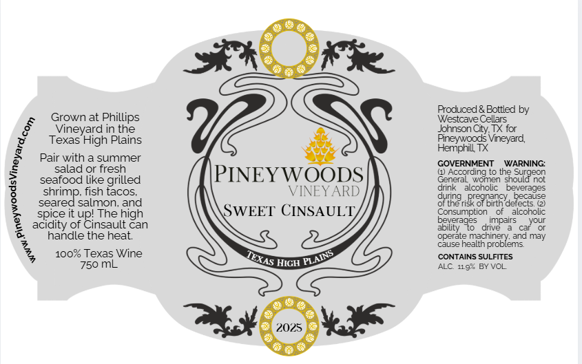 TABC label artwork for PINEYWOODS VINEYARD SWEET CINSAULT