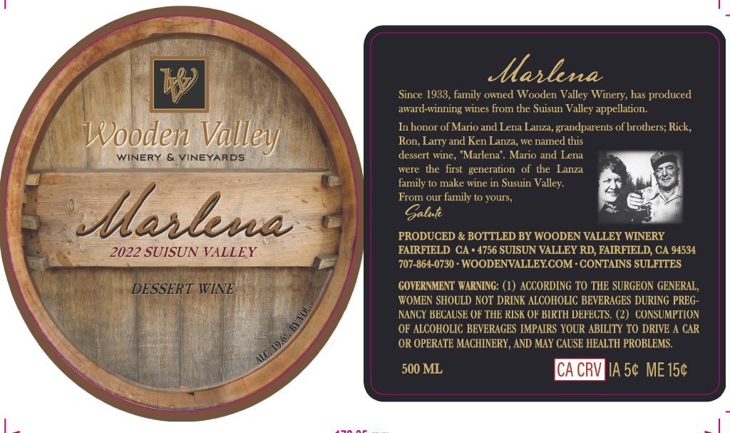 TABC label artwork for Wooden Valley Winery & Vineyards Marlena