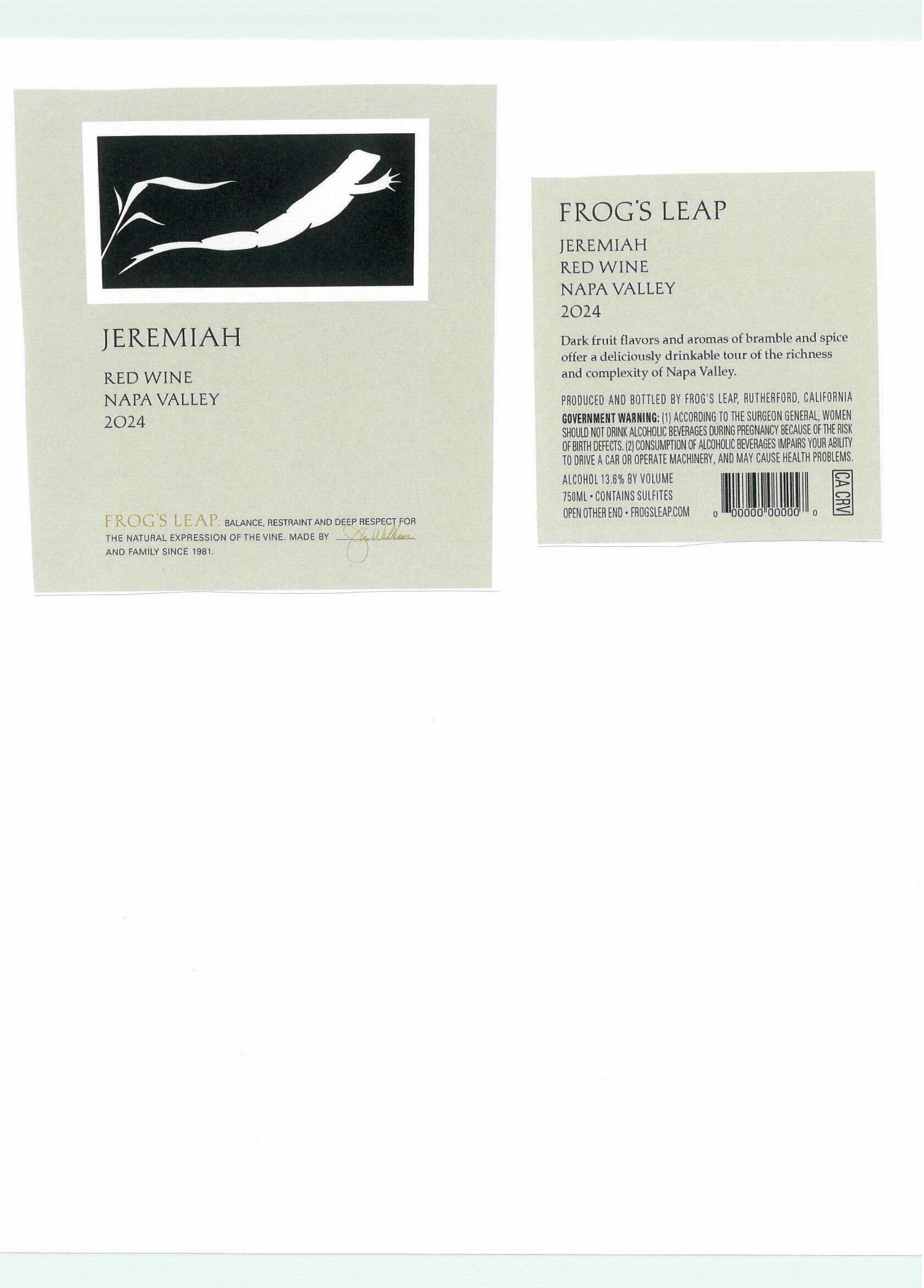 TABC label artwork for Frog's Leap Jeremiah Red Blend Napa Valley