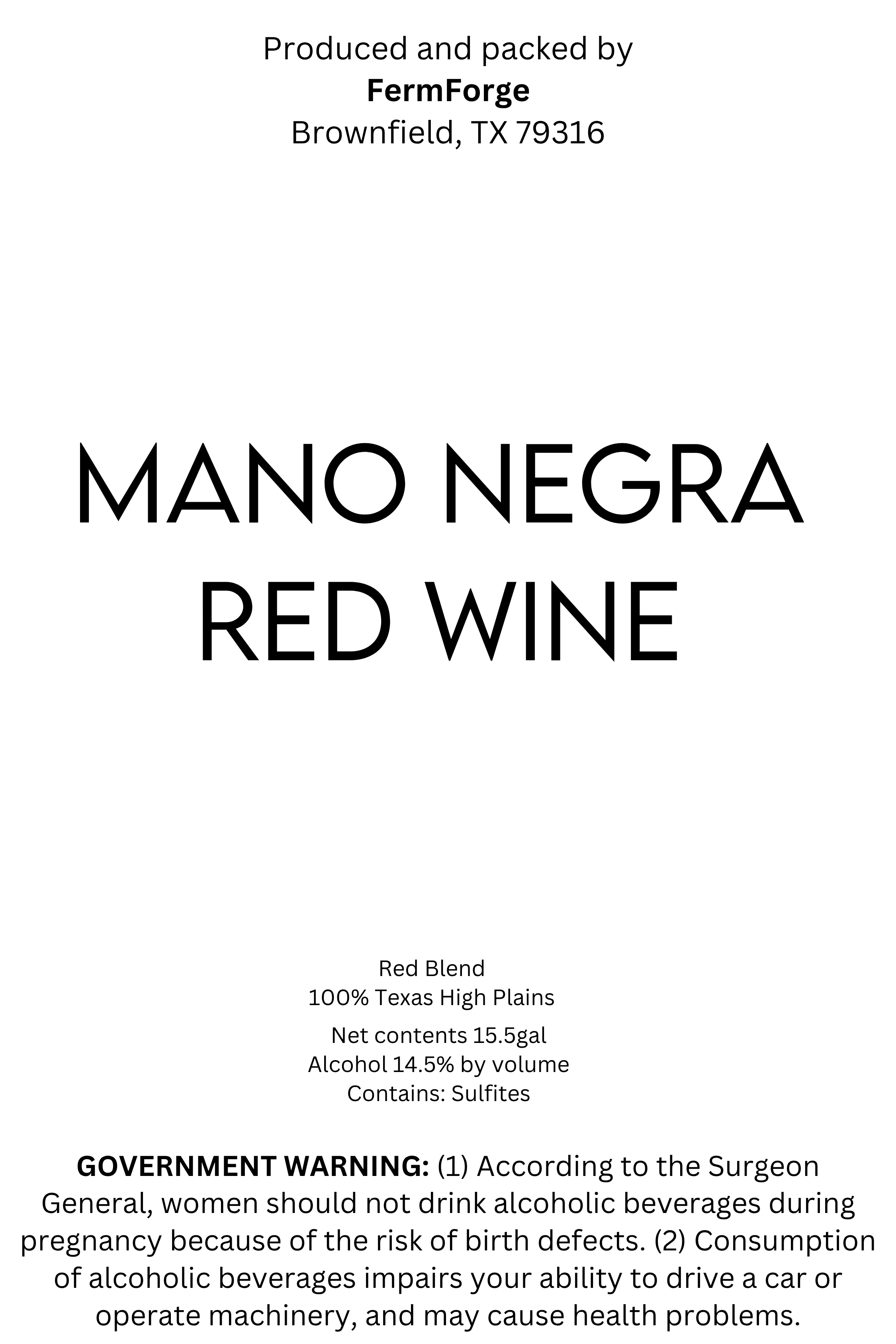 TABC label artwork for Mano Negra Red Wine