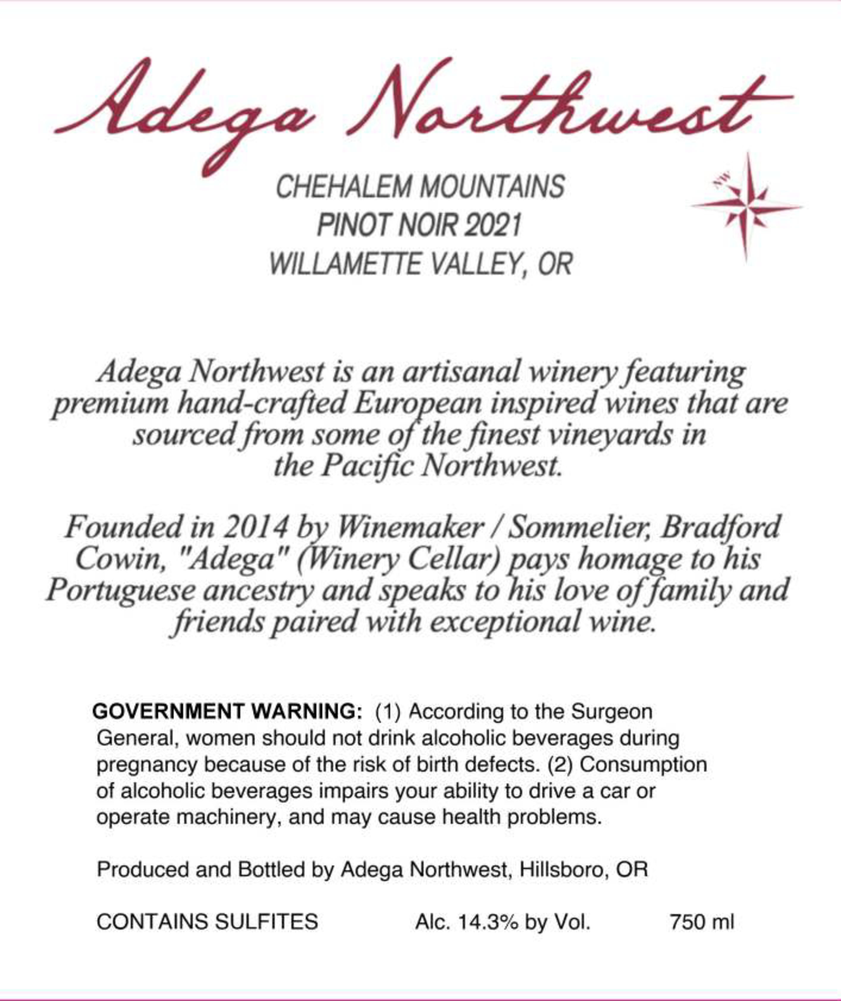 TABC label artwork for Adega Northwest Pinot Noir