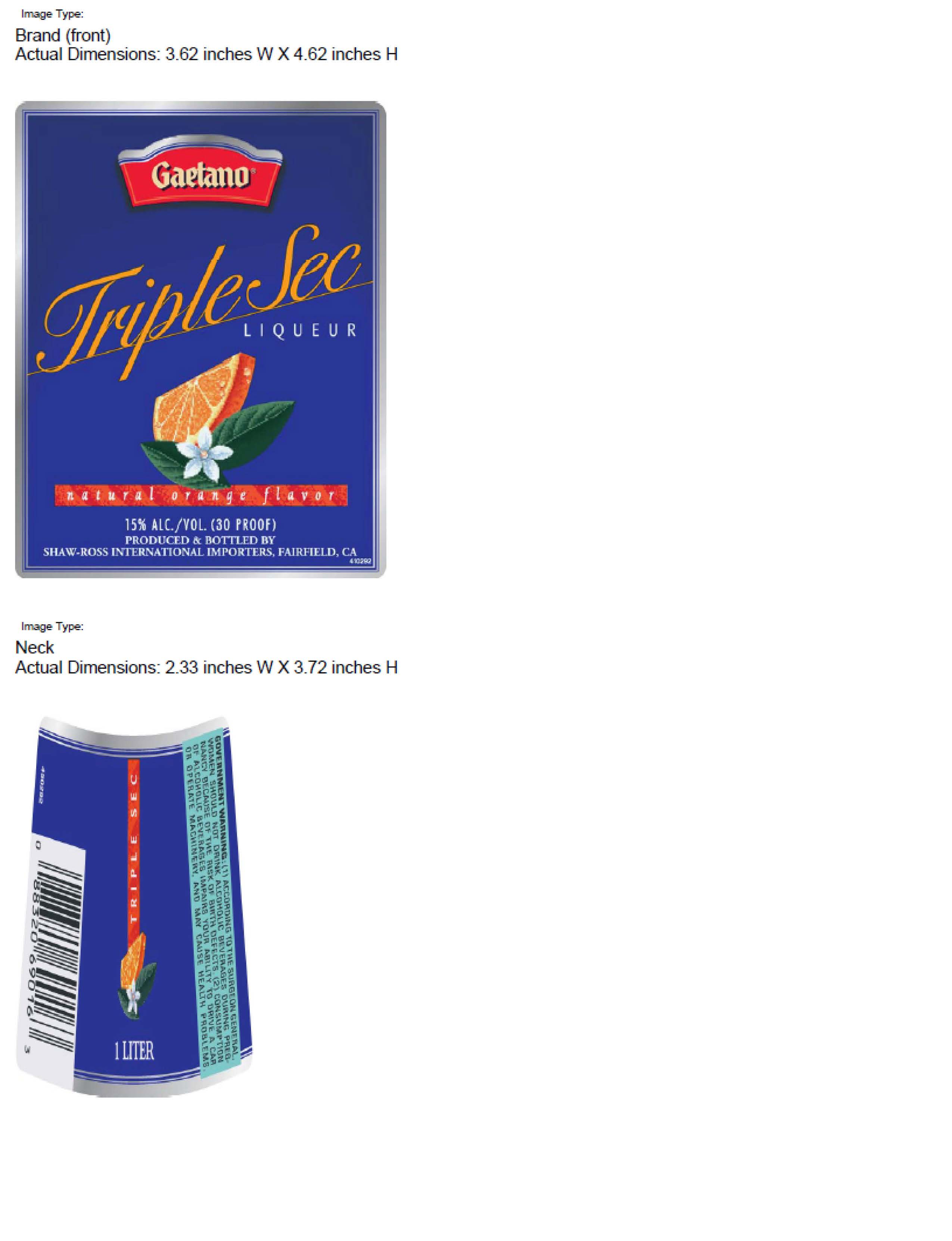 TABC label artwork for GAETANO TRIPLE SEC