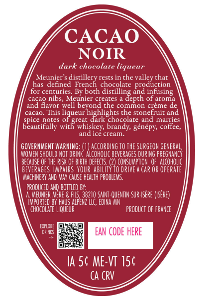TABC label artwork for Meunier Cacao Noir Liqueur