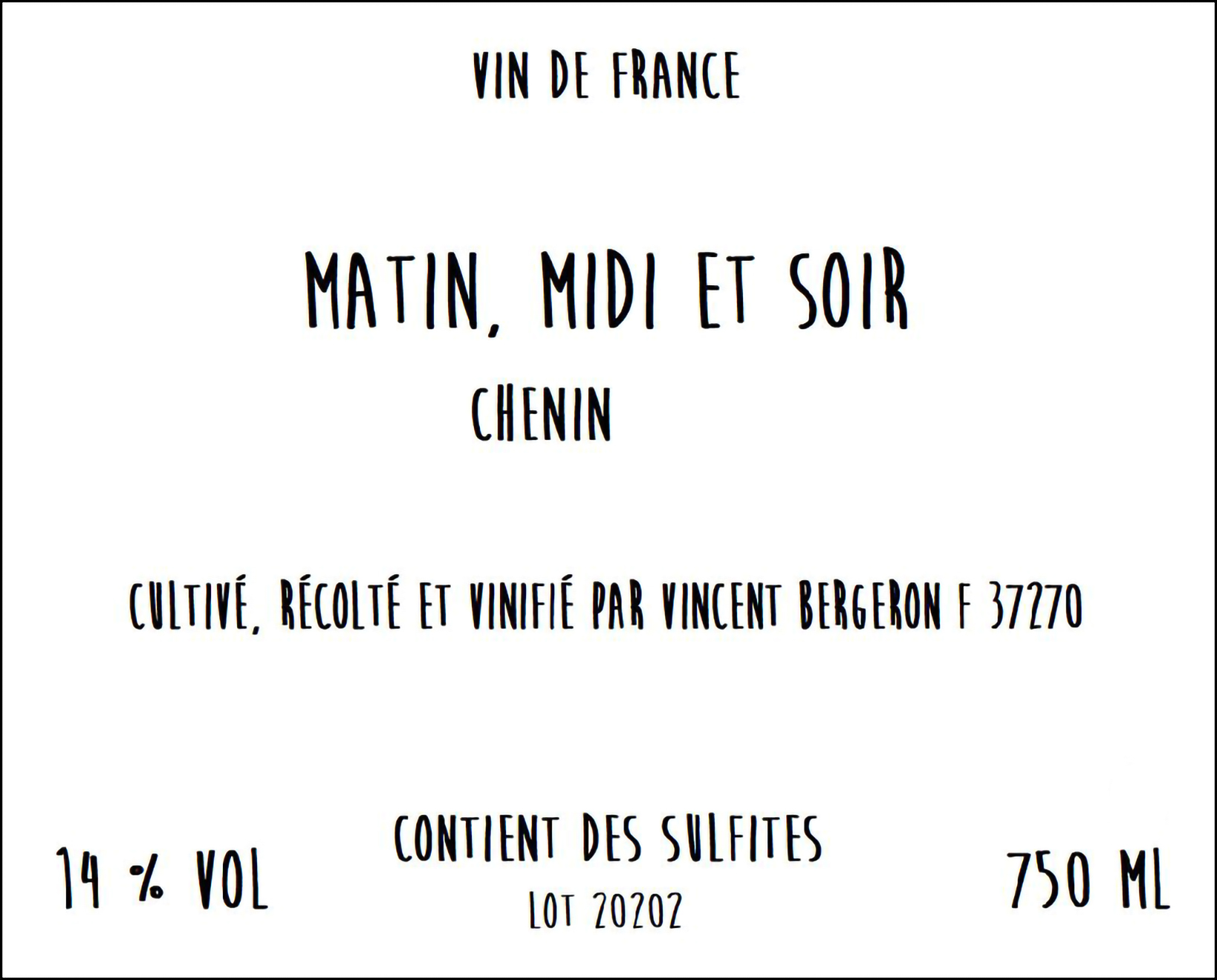 TABC label artwork for Vincent Bergeron, VDF Chenin Sec 'Matin, Midi et Soir'