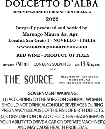 TABC label artwork for Mauro Marengo, Dolcetto d'Alba