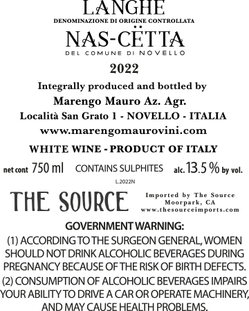 TABC label artwork for Mauro Marengo, Langhe Nas-Cëtta