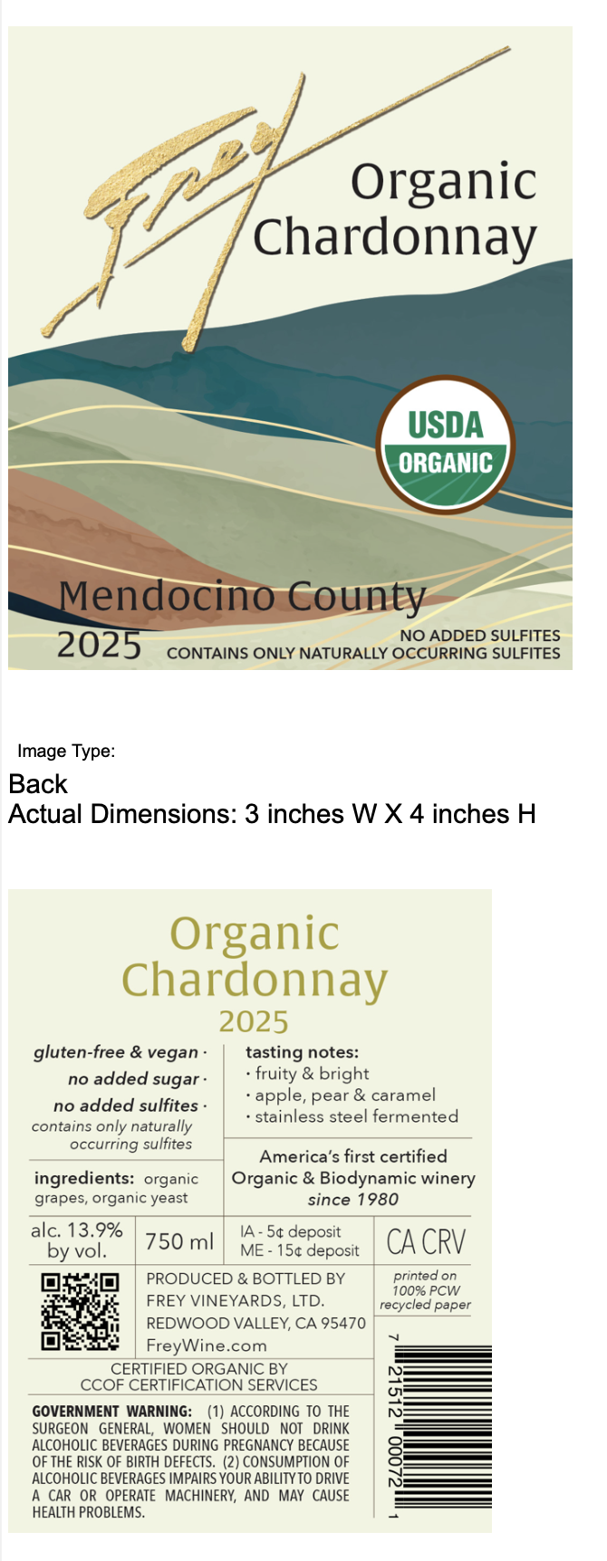 TABC label artwork for Frey Organic Chardonnay 2025