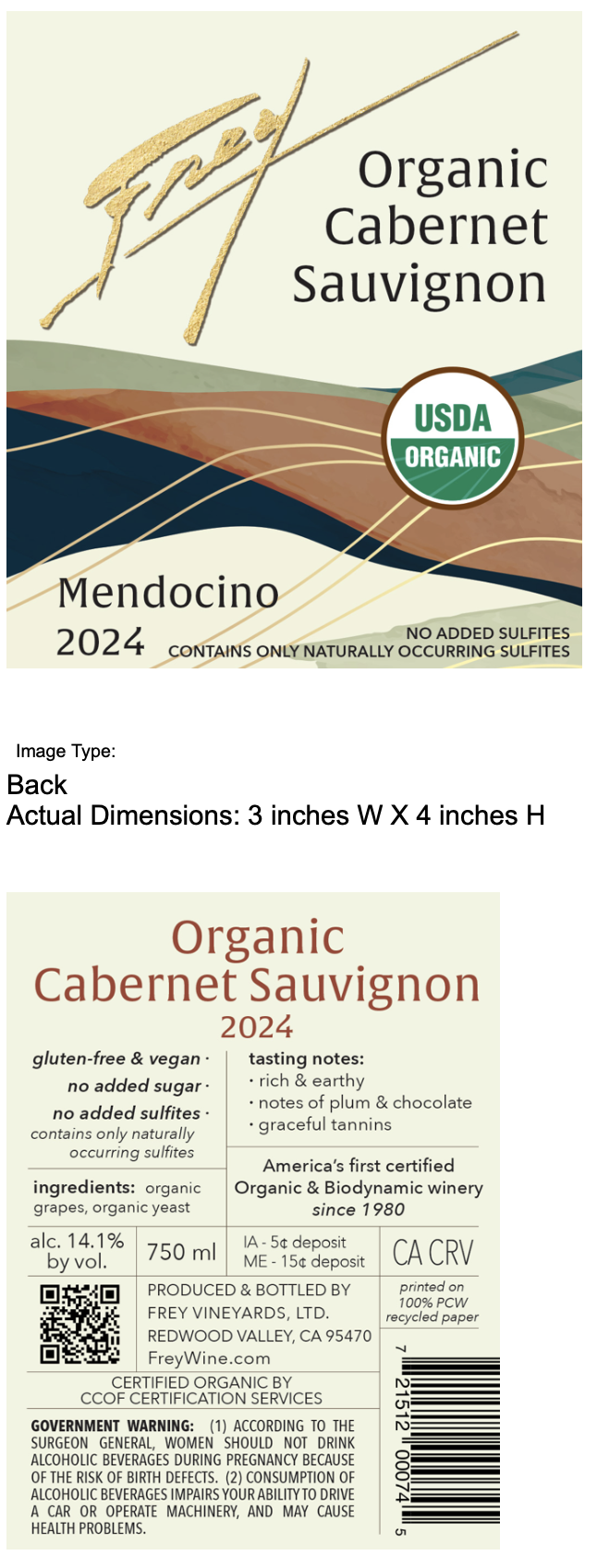 TABC label artwork for Frey Organic Cabernet Sauvignon 2024