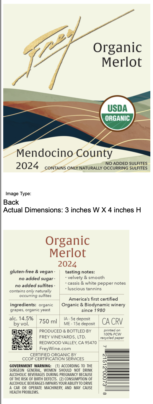 TABC label artwork for Frey Organic Merlot 2024