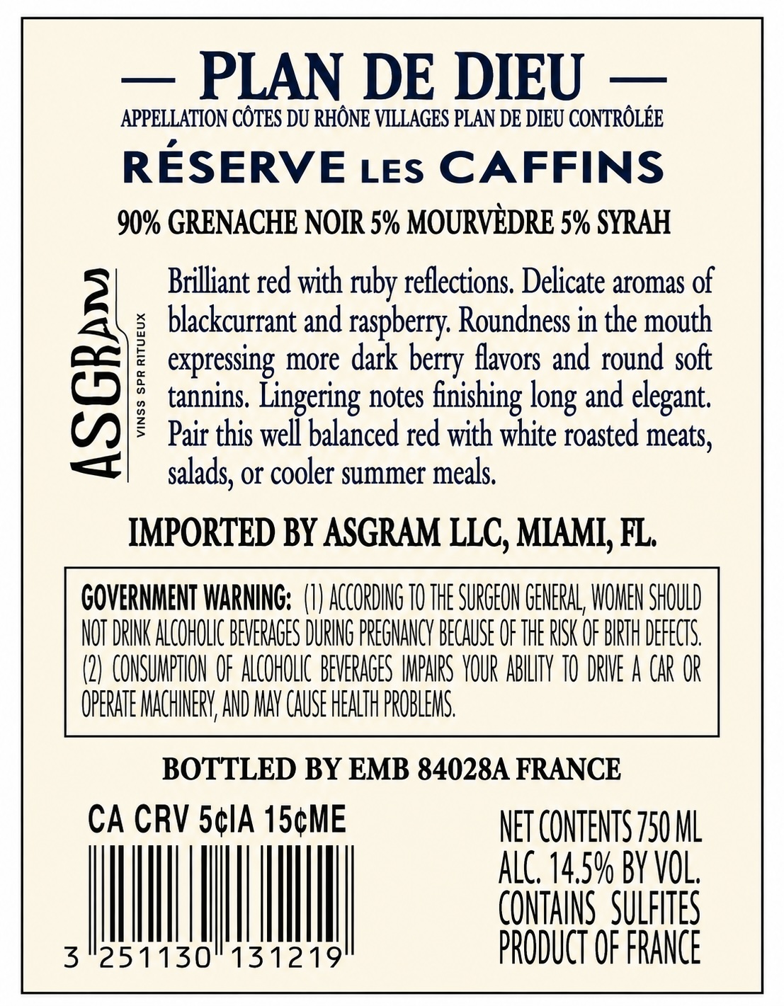 TABC label artwork for Réserve Les Caffins Plan De Dieu