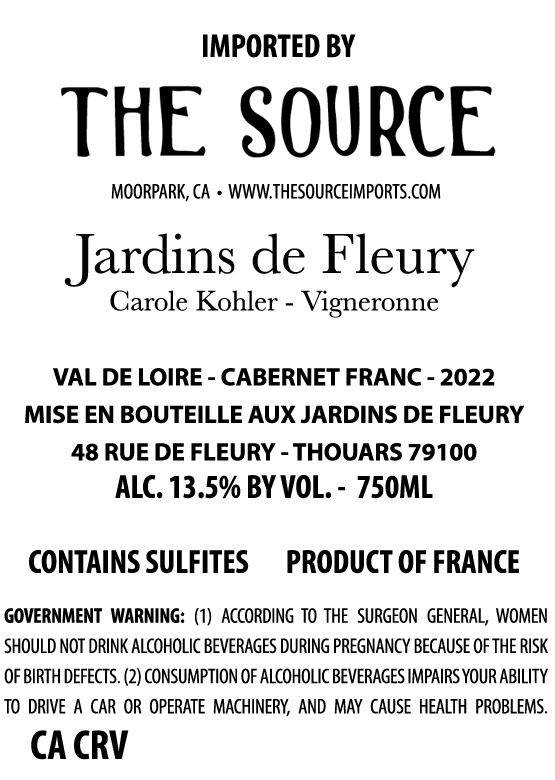 TABC label artwork for Jardins de Fleury, Val de Loire Cabernet Franc "Jardins"