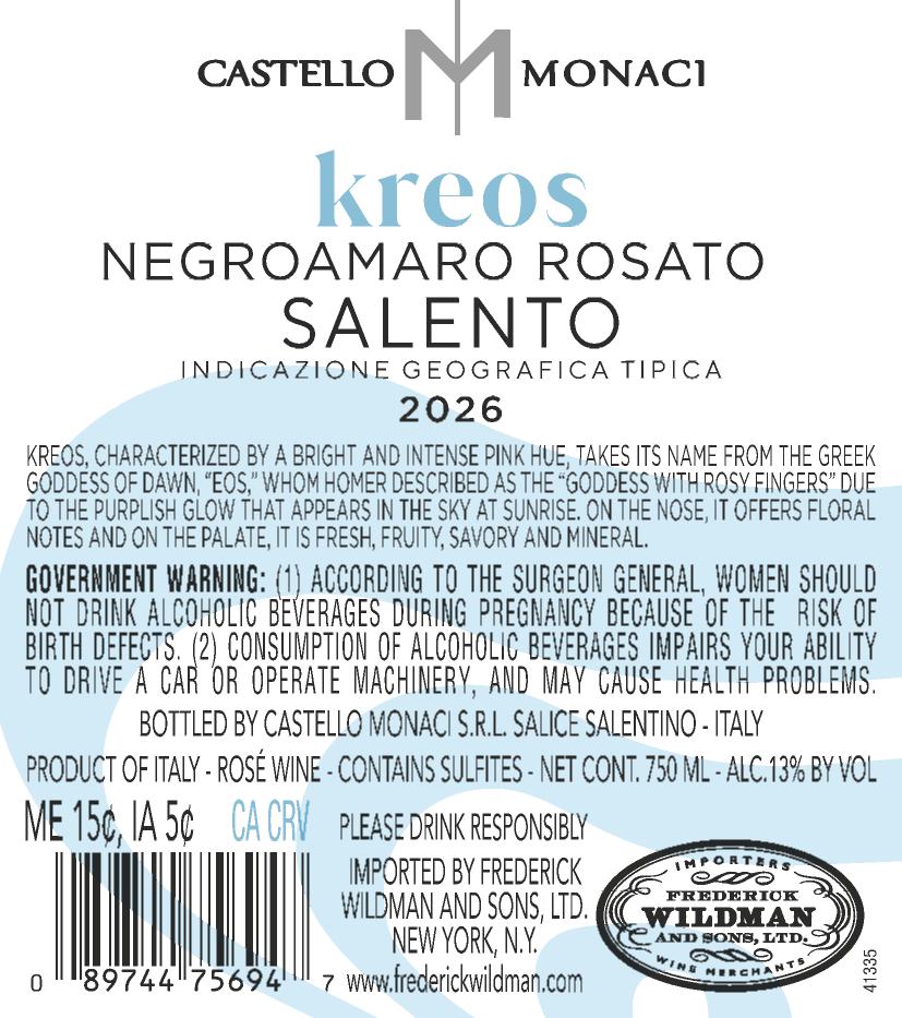 TABC label artwork for Castello Monaci Kreos Negroamaro Rosato Salento