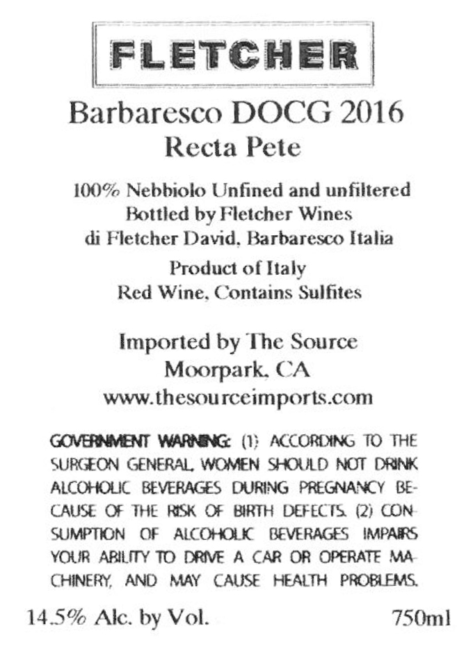 TABC label artwork for David Fletcher, Barbaresco 'Recta Pete'