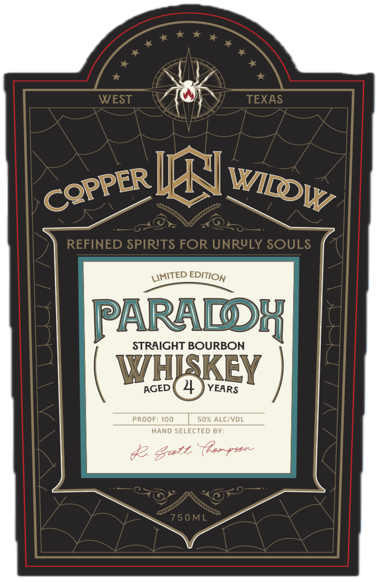 TABC label artwork for Copper Widow Paradox Straight Bourbon Whiskey