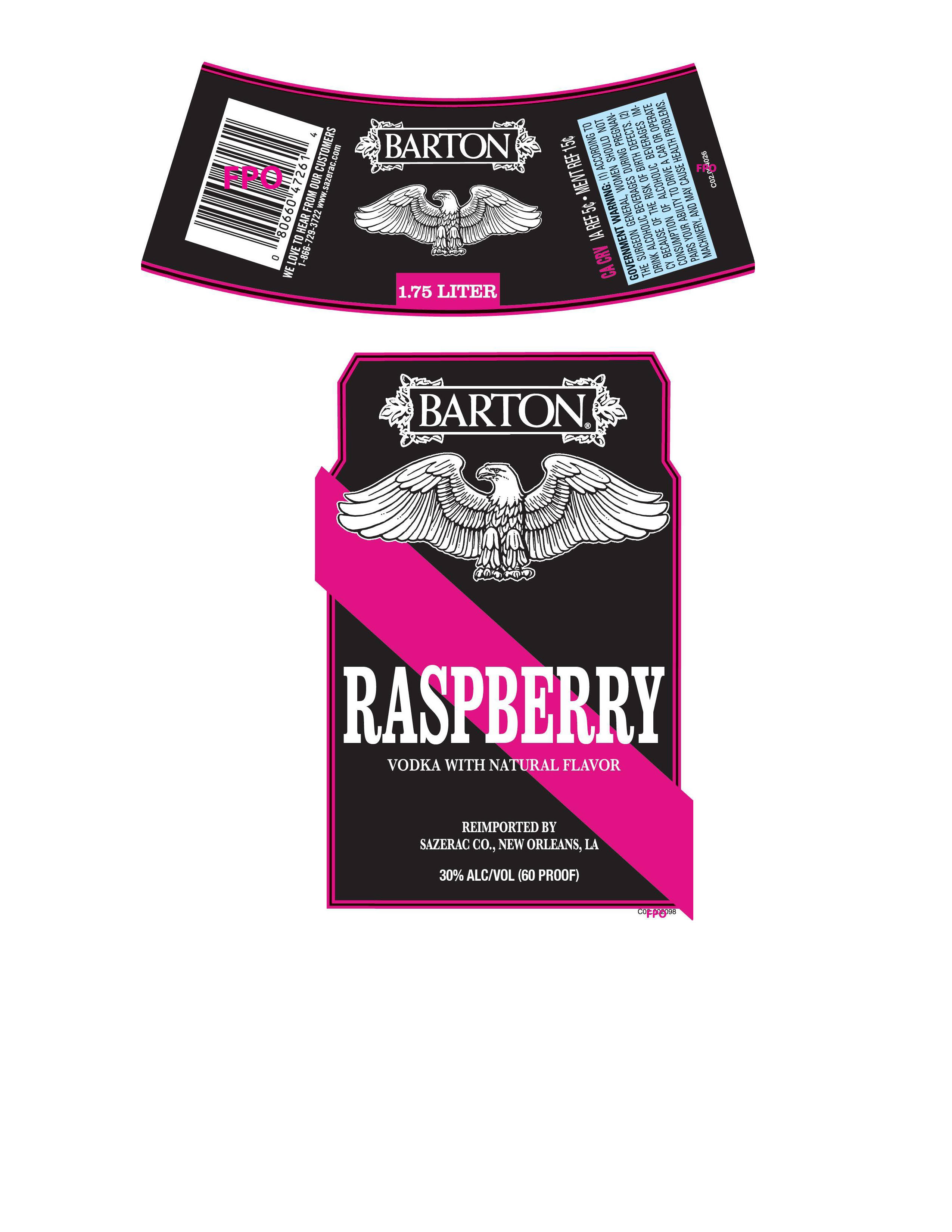 TABC label artwork for Barton Raspberry Vodka