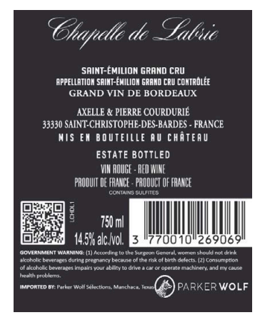 TABC label artwork for CHAPELLE DE LABRIE