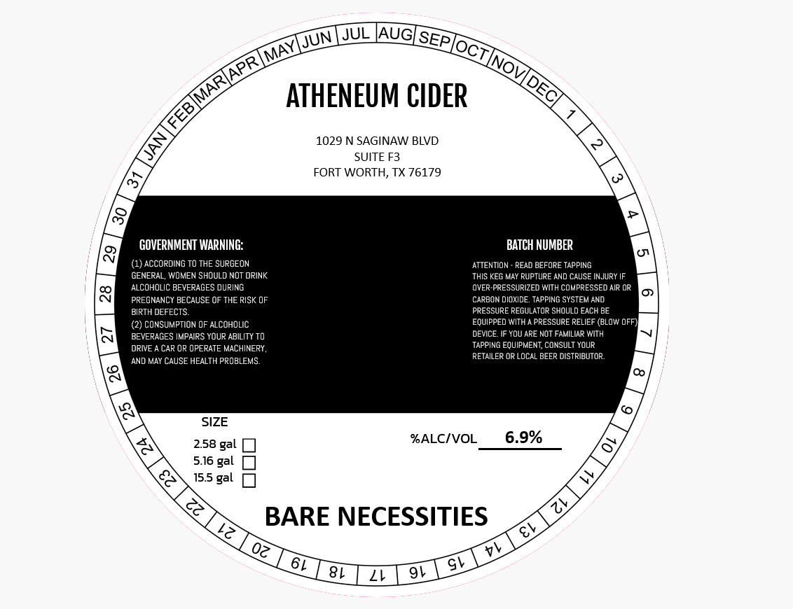 TABC label artwork for Bare Necessities Antheneum Cider