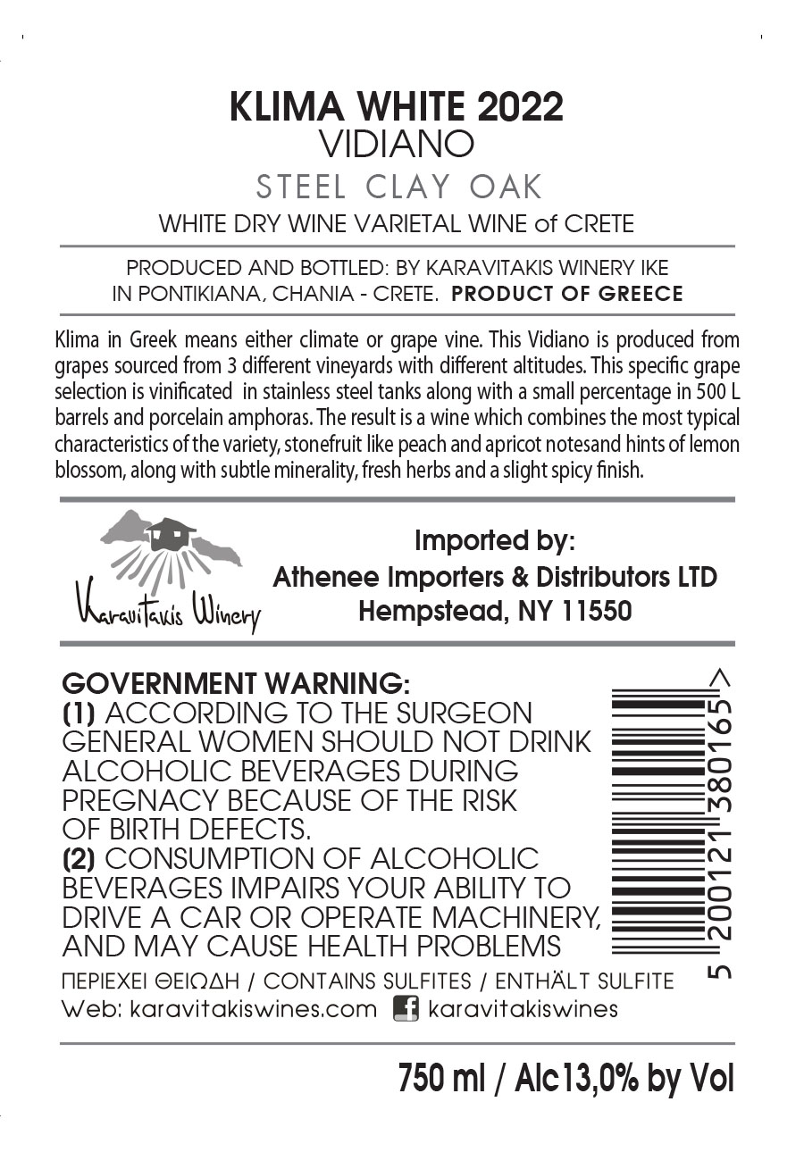 TABC label artwork for KARAVITAKIS KLIMA WHITE DRY WINE