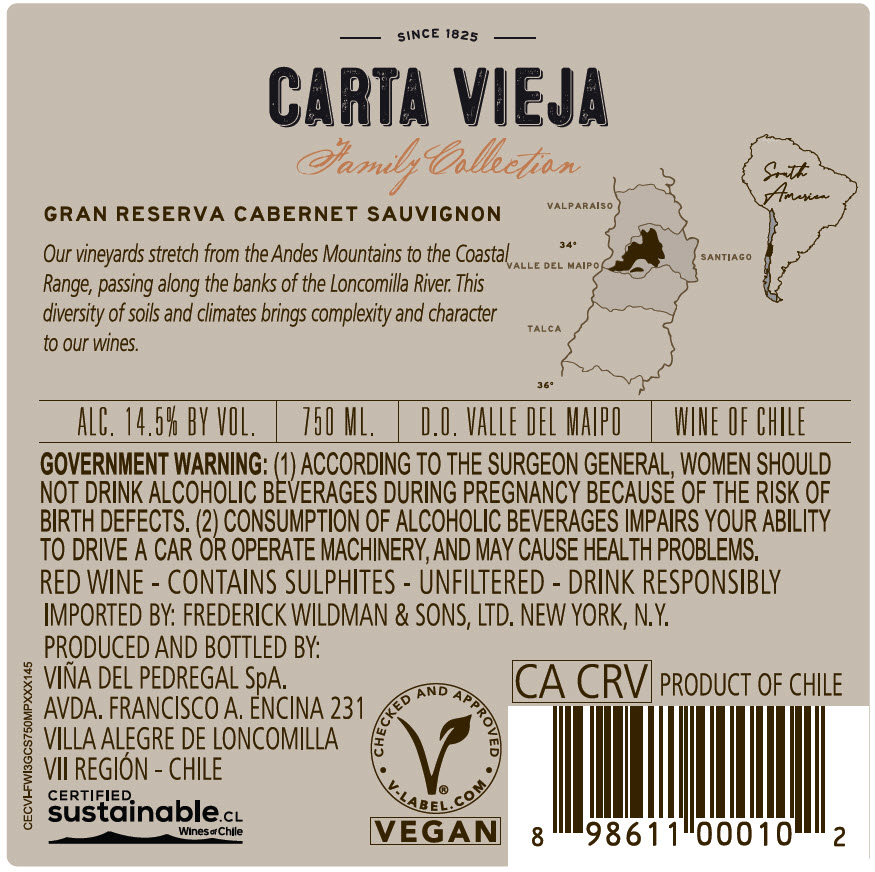 TABC label artwork for Carta Vieja Family Collection Gran Reserva Cabernet Sauvignon Valle Del Maipo