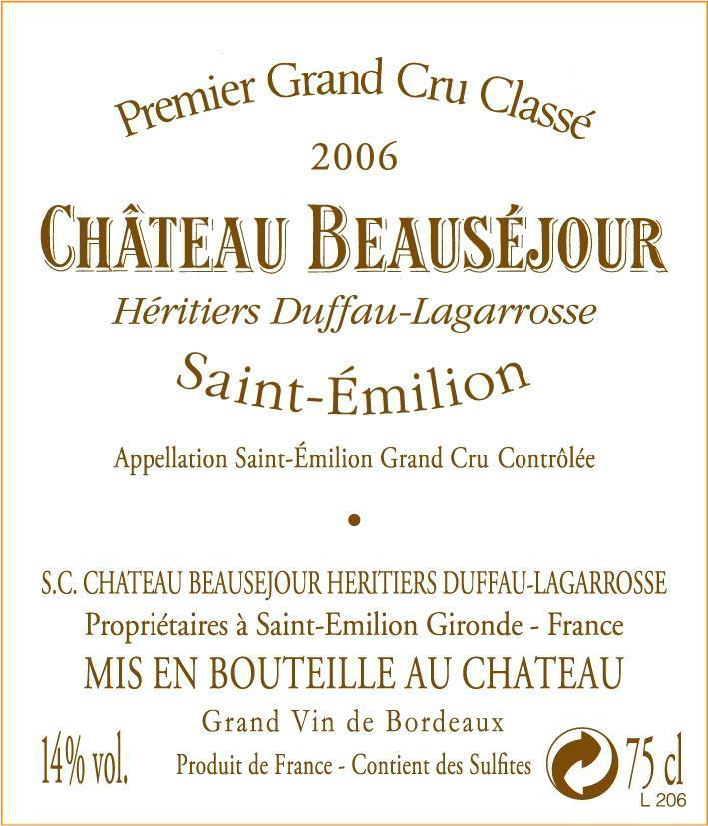 TABC label artwork for Chateau Beausejour Heritiers Duffau Lagarrosse Saint Emilion
