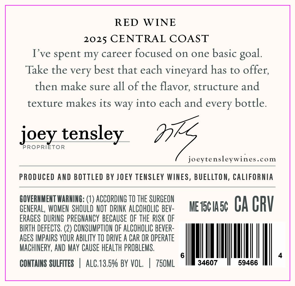 TABC label artwork for Joey Tensley Red Central Coast