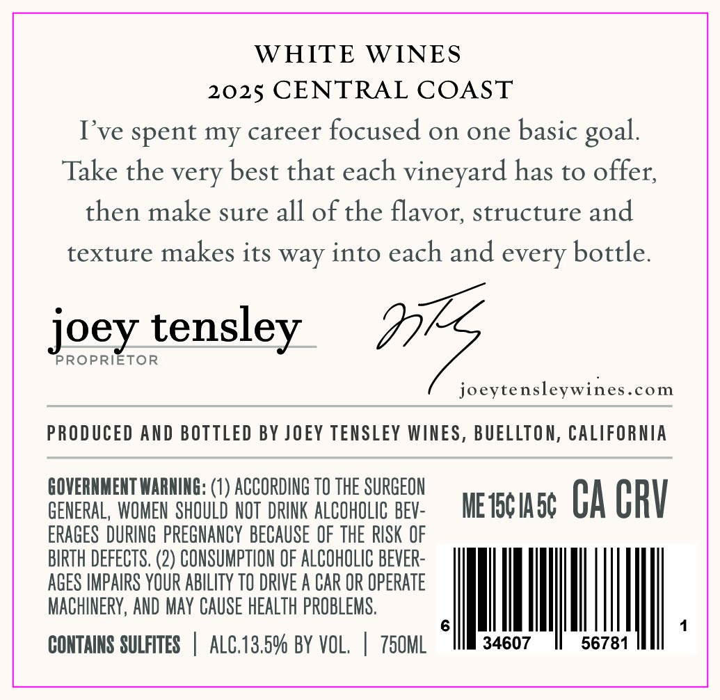 TABC label artwork for Joey Tensley White Central Coast