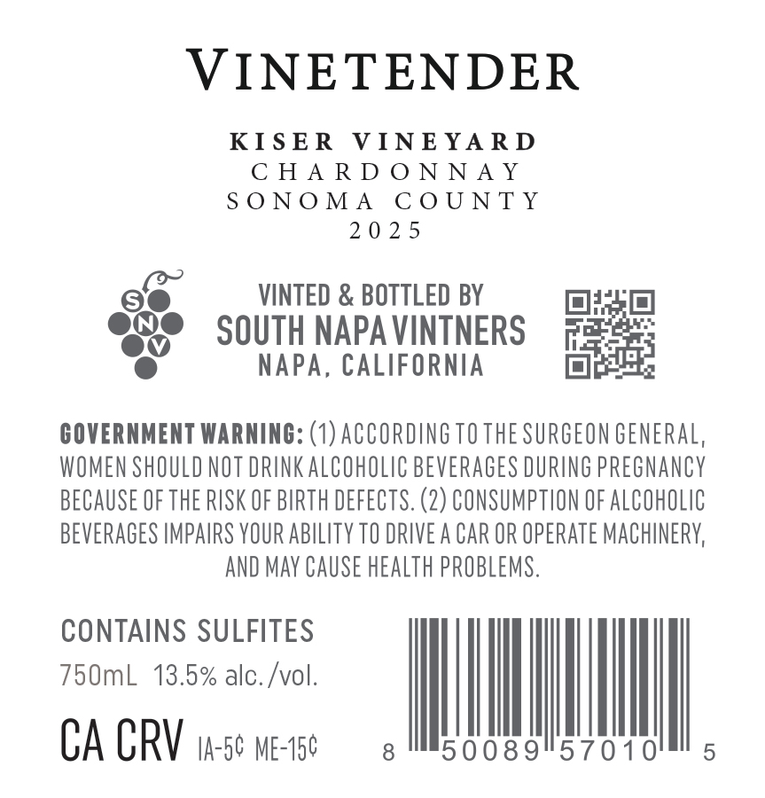 TABC label artwork for Vinetender Chardonnay Sonoma County