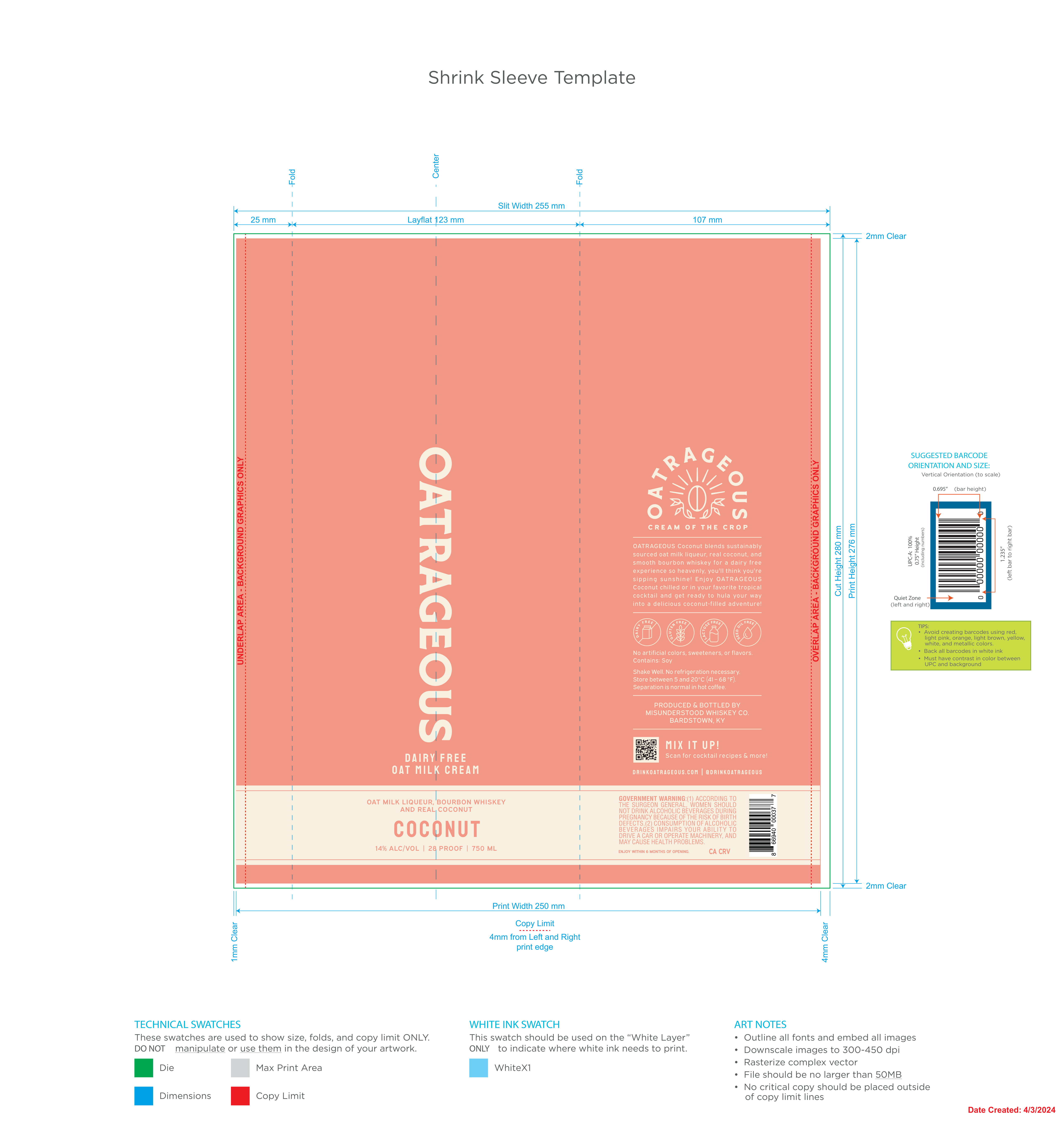 TABC label artwork for Oatrageous Coconut Oat Milk Liqueur